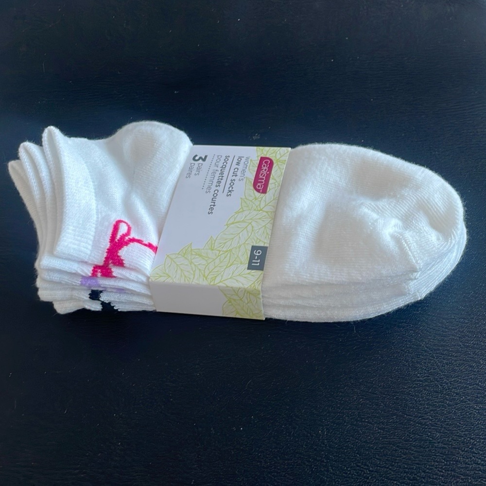 Carisma White Athletic Low Cut Ankle Socks 3 Pairs Pink Purple Black Bow Size 9-